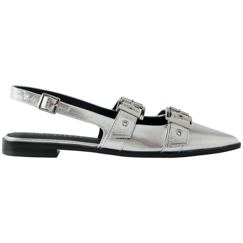 Mint Velvet Ella Silver Leather Buckled Flat Shoes